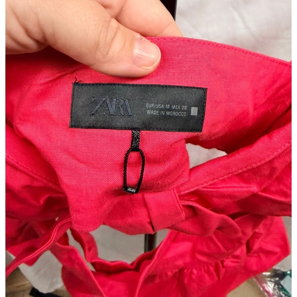 Zara New Women's M Magenta Linen Blend Bow Front Feminine Cut-Out Peplum Top - Picture 4 of 7